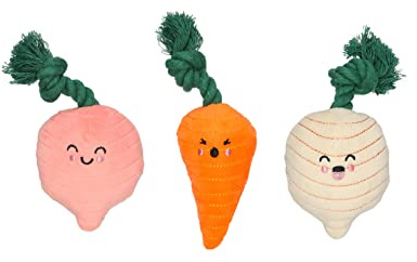 Pearhead Spring Veggies hundleksaker, påsk husdjursleksaker, rädisa, morot och rovor pipiga repleksaker, set med 3