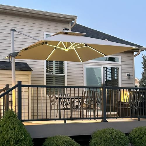 PURPLE LEAF Parasol Déporté 3 x 3 m Beige avec LED Toit Double Rotatif 360° | Disponible en 6 hauteurs, Résistance au vent, Testé pour résister à des vents réguliers jusqu’à 56 km/h, Aluminium, Piscine