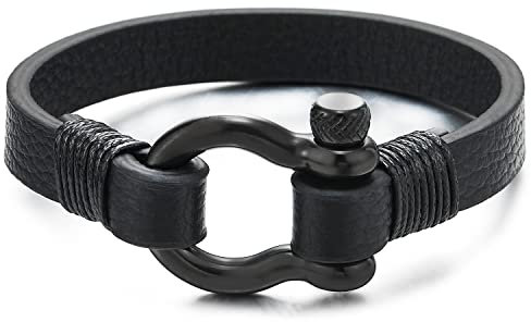 COOLSTEELANDBEYOND Schwarz Schraube Anker Damen Herren Schwarz Leder Armband, Nautisch Matrose Wickeln Strap Schweissband