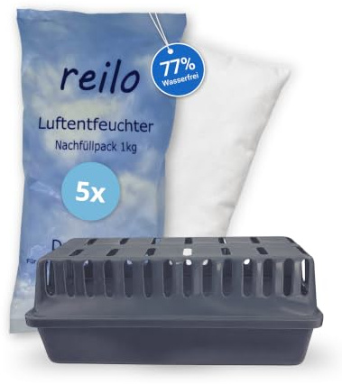 reilo XXL Luftentfeuchter Komplettset 1x XXL Box gt + 5x 1 kg | Raumentfeuchter ohne Strom I XXL Entfeuchterbox mit Calciumchlorid Granulat im Vliesbeutel I Gegen Schimmel & Feuchtigkeit