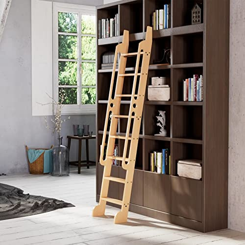 KINMADE 8 ft Rolling Library Ladder, Sturdy Wood Step and Build-in Handrail, Multi-use for Loft Stairs/Bookshelf, Red Oak (Total Length 93.4’’)
