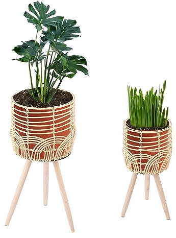 Navaris 2x Blumentopf mit Ständer im Rattan Look - Boho Blumentopf geflochten - Pflanzen Hocker im Korb Design - Blumentopfständer mit Beinen aus Holz