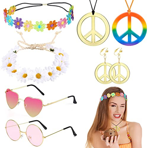 VEGCOO 8 Pz Set Costume Hippie Retrò - Stile Vintage Anni 60/70 - Accessori: Occhiali da Festa, Orecchini, Cerchietto Con Girasole, Collana Con Segno di Pace