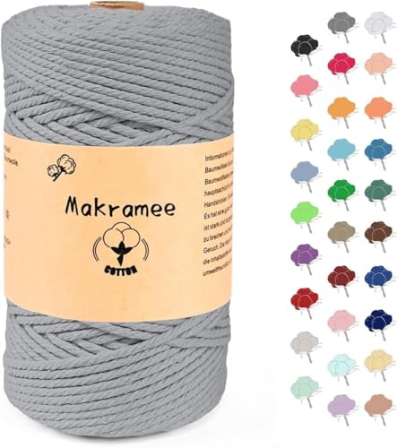 Filato macramè, 3 mm x 200 m, filato di cotone, corda macramè, per bricolage, grucce per piante, grigio chiaro