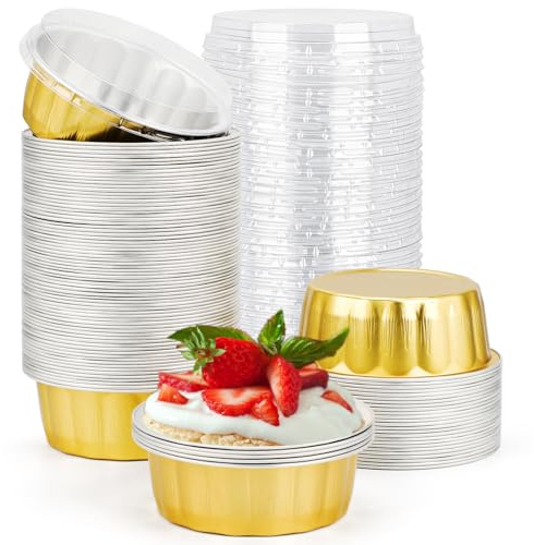 Beasea Lot de 100 ramequins jetables avec couvercles, 236,8 g, en aluminium doré, pour crème brûlée, muffins, cupcakes, pudding pour fête, mariage, anniversaire