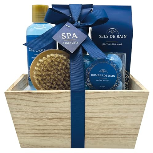 French Tendance - Coffret Bain Thé Vert - Gel Douche 160ml, Bain Moussant 100 ml, Lait de Corps, Sels de Bain, Bombes de Bain, Brosse de Massage - Soin Corps - Kit Cocooning Baignoire