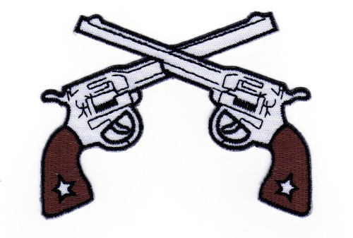 Cowboy Revolver Western Gestickter Aufnäher zum aufbügeln oder aufnähen Bügelbild Aufbügler für Kleidung Bügelpatch Applikation Pistole Stern Patch Größe 10 x 7,5 cm