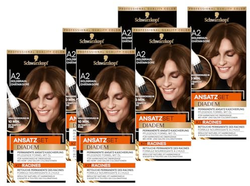 Syoss Diadem Ansatzset A2 Goldbraun Stufe 3 (6x 22 ml), dauerhafte Haarfarbe zum Haaransatz kaschieren in nur 10 Minuten, Ansatzfarbe mit ölhaltiger, pflegender Formel