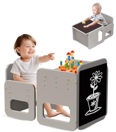 hoopyosms Kleinkind-Holztisch- und Stuhl-Set mit Kreide und Tafel, Kinder-Aktivität-Maltisch-Set, Kinder-Montessori-Bildungsmöbel, Grau