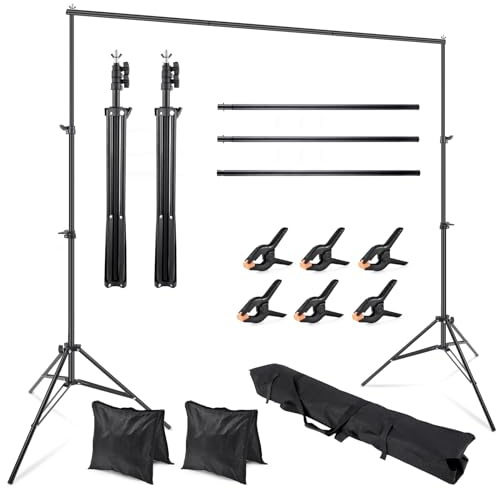 SIAZIH Soporte de fondo, 2 x 2 m de altura y ancho ajustable, sistema de soporte de fondo, juego con 6 clips de caída trasera + 2 sacos de arena (trípode estable) para fotografía de pared, fotografía