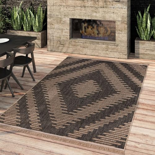 Taracarpet Outdoor & Indoor Teppich wetterfest Borneo Premium Sisal-Jute-Optik Natur für Wohnzimmer, Küche, Balkon, Wintergarten Karo anthrazit 160x220 cm