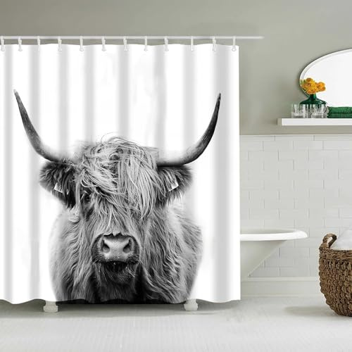 AASIRA Duschvorhang 240x200 Grau Kuh Anti-Schimmel Wasserdichter Extra Langer Duschvorhänge mit 12 Duschvorhangringen Schwarz-Weiss 3D Motiv Bad Vorhäng für Badewanne Badezimmer C460
