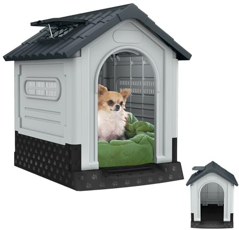 Aufun Haustierhütte Kunststoff Outdoor, Wasserabweisend isoliert Hundehaus Unterschlupf, obuste Hundehütte mit Lüftungsgitter und erhöhtem Boden, Oberlicht,Für draußen und drinnen, 65x56.5x67cm, Grau