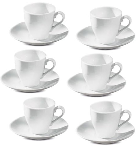 Set di 6 Tazzine da caffè Espresso con Piattini, Servizio in Porcellana Bianca Resistente, Set di Tazze da tè/caffè,Lavabile in Lavastoviglie