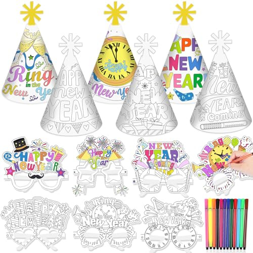 HOWAF Silvester Deko zum Ausmalen, Silvester Hüte Partyhüte, Brille Partybrille, Ausmal Spiele für Happy New Year Deko Gestaltung von Silvesterdekorationen