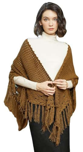 BEAUTELICATE Damen Gestricker Schal Stola Dreiecksschal Warm Hohl Stricken Cape Cardigan Elegantz Dreieckstuch Umschlagtüch mit Fransen für Herbst Winter Frühling
