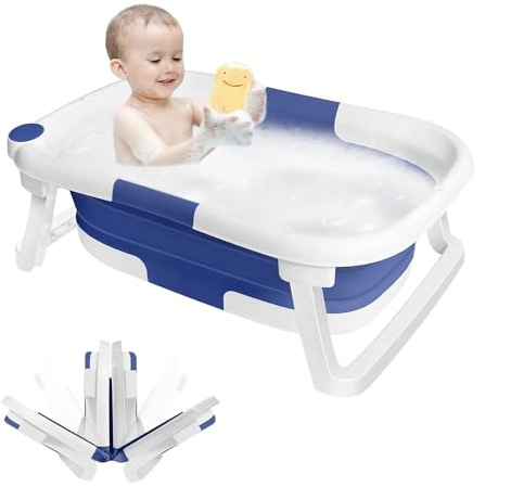 Faltbare Badewanne für Kinder und Babys - Mehrzweck Badewanne Mit Ständer, Antirutschmatte und Ablaufloch (Blau)