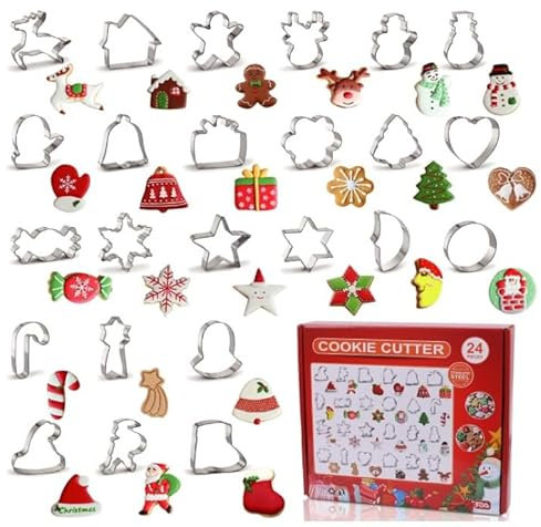 24-Stück Edelstahl Weihnachts-Plätzchenausstecher-Set, Lebkuchenmann, Baum, Zuckerstange, Weihnachtsmann, Rentier