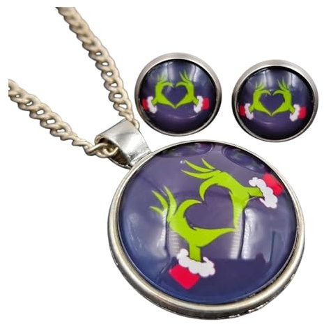 Stechschmuck Schmuckset Handmade Halskette Ohrstecker Ohrclips Ohrhänger Brisuren Weihnachten Nikolaus Hand Grün Herz Silber Farben Damen Kitsch Kawaii (Halskette mit Brisuren (Brisuren 10mm))