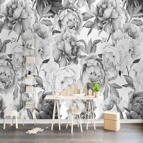 Tzxztt Schwarze Und Weiße Pfingstrose Blume Moderne 3D Tapete Geprägte Seide Neutrale Töne Material Ideal Für Wohnzimmer Schlafzimmer-350cm×256cm