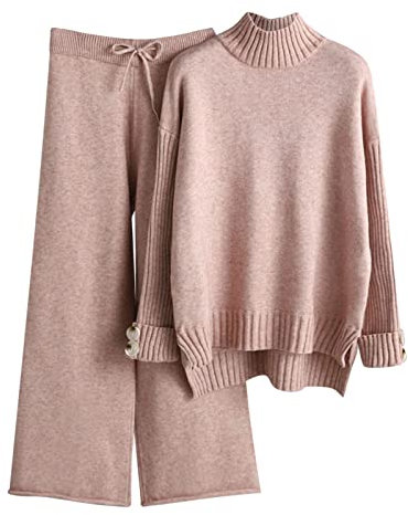YIzdegg Damen Strickset und Winter Strickanzug Stehkragen Pullover Lange Hosen Lose Zweiteiler Damen Hosenanzug Blau (Pink, One Size)