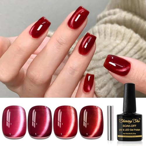 Shining She röd UV nagellack gelé magnet ca töga, 4 färger vinröd körsbärsröd glitter kristaller katt öga uv gel nagellack soak-off UV nagellack set för nagelkonst manikyr salong, 8 ml