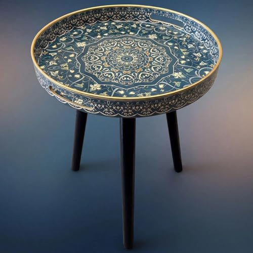 Simmer Stone Round Outdoor Side Tables with Detachable Wooden 3 Legs, Versatile Tray Table, Perfect For Round Coffee Table Tea, and Relaxation Time 17.7 Inch (Blue Maze)