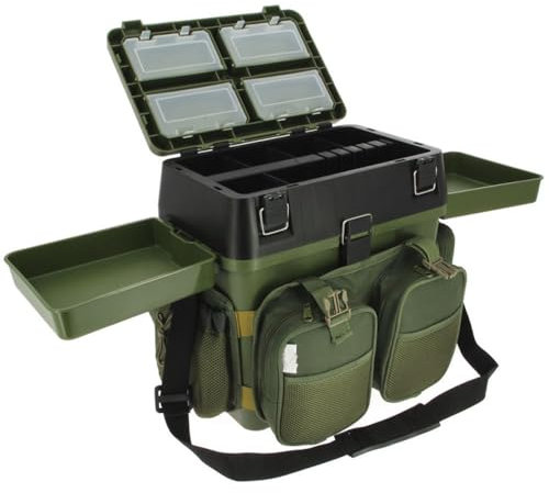 G8DS [Multi Angelkoffer-Rucksack & Sitz-Kiepe in 1 Angeltasche inklusive 4X Tackle-Angelbox für Angelzubehör im Deckel, Angeltasche mit Boxen Angel Tasche Angeltaschen Angelrucksack mit Boxen