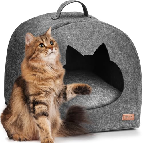 ReaVET Schnurr-Oase Katzenhaus aus Filz – Katzenhöhle mit Katzenkopf-Eingang und Komfortkissen, Rückzugsort für Katzen, modernes Katzenbett ca. 37x37x35cm, gemütlich & pflegeleicht