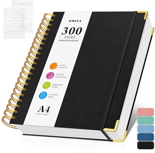Bullet Dotted Journal Spiralanteckningsbok, 300 sidor läderanteckningsböcker med innehåll, 120 GSM tjockt papper utan genomblödning, A4 stor prickrutnätsanteckningsbok för kvinnor och män, arbete och