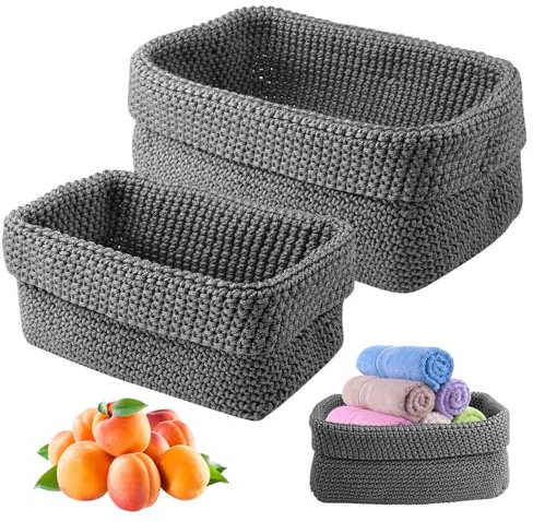 2 Pezzi Cestino per Uncinetto, 2 Misure Cestini Portaoggetti, Rettangolare Cesto Portaoggetti Intrecciato, Multifunzionali Ceste Portaoggetti per Camera Letto, Bagno, Cucina, Studio, Ufficio, Grigio