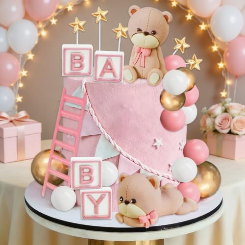 24PCS Pink Teddy Bear Cake Decorations Teddy Bear Birthday Cake Topper | Gender Reveal Decoration Baby Shower Birthday Party Supply