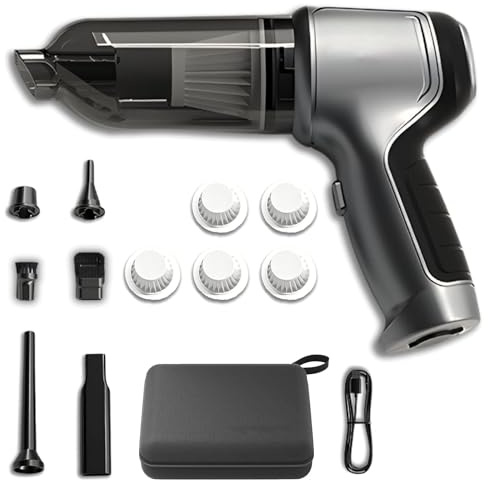 Aspirateur Compact Pro, Aspirateur de Voiture sans Fil à Main, Moteur sans Balais Haute Puissance 12000PA, avec Filtre Lavable et Sac de Rangement (1x Silver Grey + 5 filtres + 1 Sac EVA)