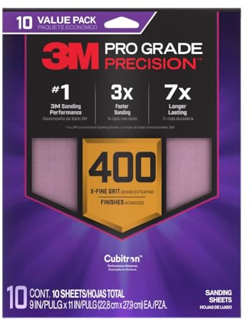 3M Pro Grade Precision Sanding Sheets with No-Slip Grip, 9 x 11 in, 400 Grit, 10-Pack (SHR400-PGP-10T)