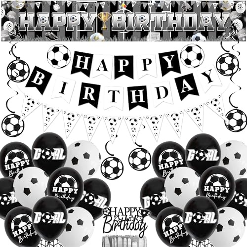 Football Birthday Decorations Party Balloons - Black and White Soccer Happy Birthday Cake Topper Banner Latex Balloon Hanging Swirls, Sports Theme Bunting Party Decoration for Boys and Fans