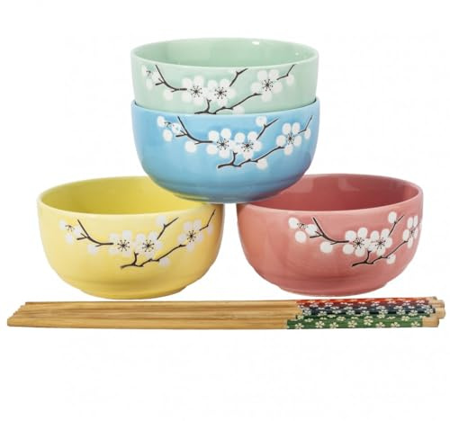lachineuse - Coffret 4 Bols Japonais Fleurs de Cerisier Zen ⌀ 10,5 cm - Bols à Riz, Poke Bowl, Petit Déjeuner & Soupe - 4 Paires de Baguettes - Bol Asiatique Japon Asie - Cadeau Vaisselle Japonaise