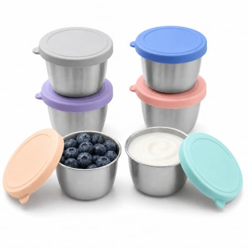 PandaEar Pack de 6 Recipientes 70ml de Acero Inoxidable con Tapas de Silicona Herméticas, Vasos Reutilizables para Salsas, Ensaladas, Lunch Box