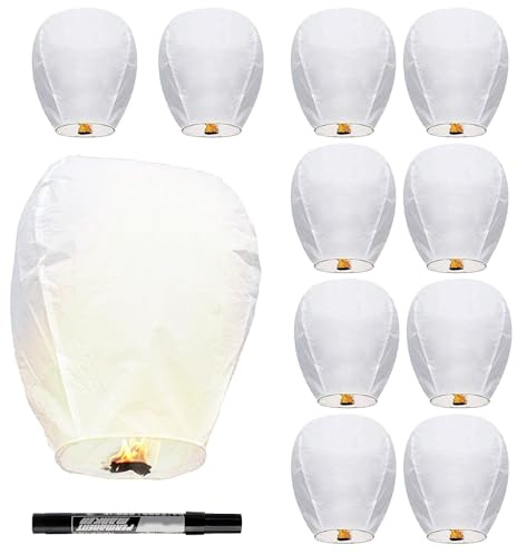 Dhqkqg Chinese Sky Lanterns, 10 Pack Chinese Lanterns with 1 Marker, Lanterns to Release in Memory, 100% Biodegradable, Wire-Free Fire Resistant Paper Lantern for Wishing Birthday Memorial & Festivals