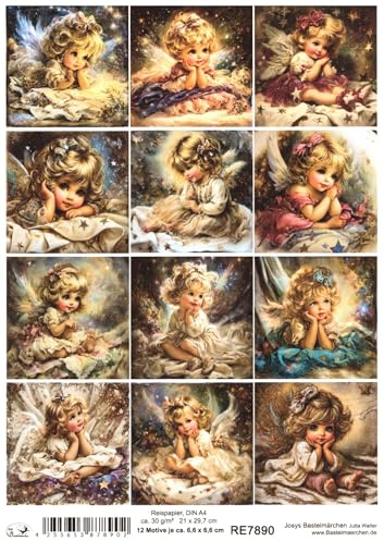 Josys Bastelmärchen Reispapier DIN A4 Strohseide Weihnachten Motiv 12 süße Engel 6,6 x 6,6 c RE7890