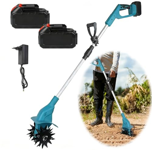 Akku-Bodenhacke 21V,500W Gartenfräse Motorhacke Elektrisch Bürstenloser Motor,2X 4.0Ah Akkus,Klappbar Gartenkralle 20 cm Arbeitsbreite,16 cm Arbeitstiefe,Kabellose Bodenfräse