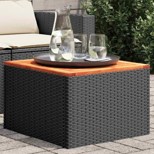 zylophax Gartentisch Schwarz 55 x 55 x 37 cm Poly Rattan und Akazienholz wetterfest, Outdoor Tisch Balkon Loungetisch Terrassentisch stabil für Garten und Terrasse