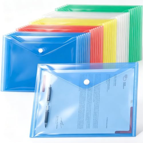 mawmuaw Dokumentenmappe A4, 35 Stk Dokumententasche zum Abheften A4 | Clear Folder A4, Transparent Dokumentenmappe mit Druckknopf, Wasserdicht Sammelmappen, Mappen A4 für Dokumente Organisieren