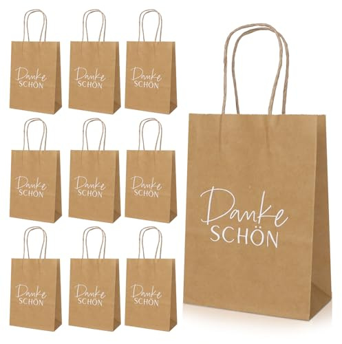10 Stück Dankeschön Papiertüten mit Henkel, 21x15x8cm Kraftpapier Geschenktüten Danke Schön Geschenke Mitgebsel Tüte für Party Hochzeit Geburtstag