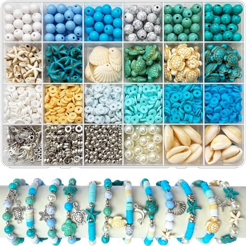 Sukizifa 2000 Stück Ozean Armbänder Selber Machen Perlen-Set, Blau Boho Stil Tonperlen Mit Schildkröte, Seestern, Muschel Charms Für DIY Schmuck Basteln