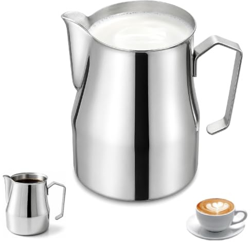 Pot à Lait Inox 500 ml, Pichet à Lait Acier Inoxydable avec Mesure, Milk Pitcher Barista pour Mousse de Lait, Cappuccino, Espresso, Latte Art pichet à lait inox (Argenté)