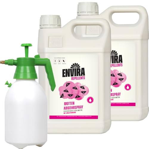 Envira Motten Abwehrspray 2 x 5 Liter + 2 Liter Drucksprüher - Spray mit Langzeitwirkung gegen Motten, Kleidermotten & Lebensmittelmotten - Mottenschutz für Kleiderschrank - Mittel gegen Motten