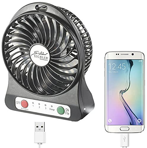 Sichler Haushaltsgeräte Ventilator mit Batterie: 3in1-Akku-Tisch-Ventilator mit Powerbank-Funktion & Leuchte, 1.800 mAh (Batteriebetriebener Ventilator, mit Akkubetrieb)
