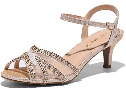 DREAM PAIRS Womens Wedding Prom Bridal Shoes Ladies Ankle Strap Peep Toe Low Kitten Heels Sandals Party Occassion Dress Shoe,GOLD Size 5 UK, NINA-166