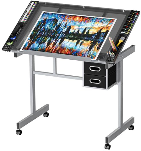 ZENY Drafting Table on Wheels with Storage Drawers, Adjustable Glass Tabletop, Craft Table Drawing Desk Artist Hobby Table for Painting, Drawing, Crafting