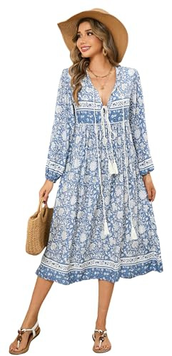 R.Vivimos Women's Casual Bohemian Print Neck Tie Long Sleeve Beach Style Long Midi Dress Vacation Dress